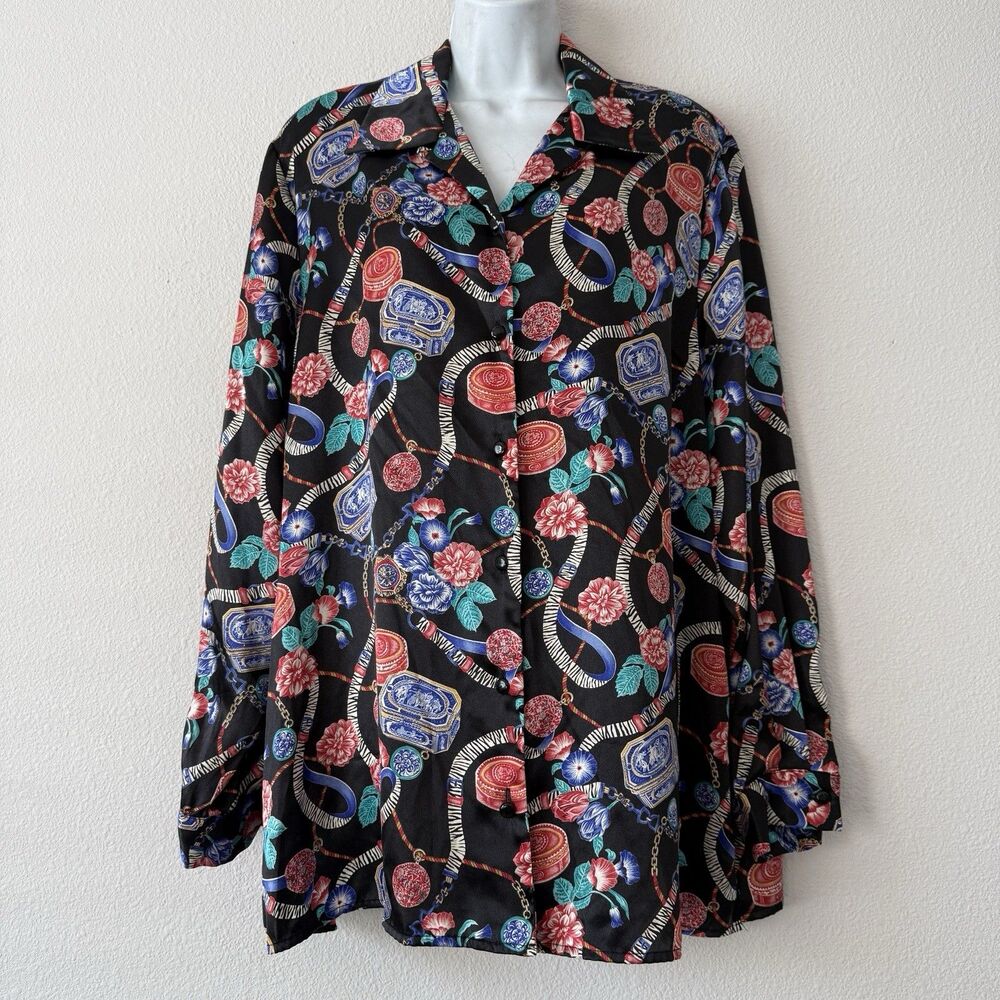 VTG 90s Joan Leslie Satin Blouse Women’s 18 Black Floral Chain Scarf Print Retro